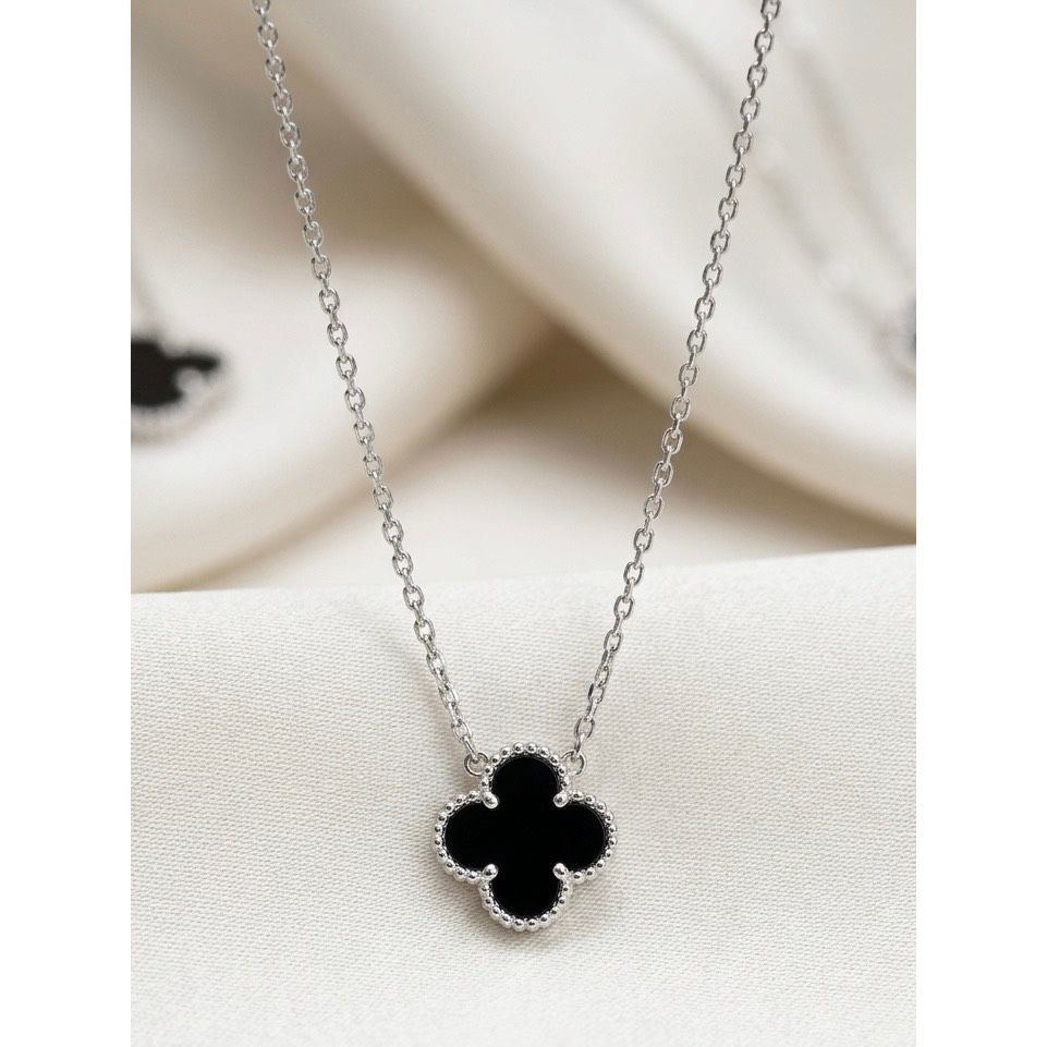 Sterling Silver Black Onyx Clover Adjustable Necklace Elegant Four Leaf Dainty